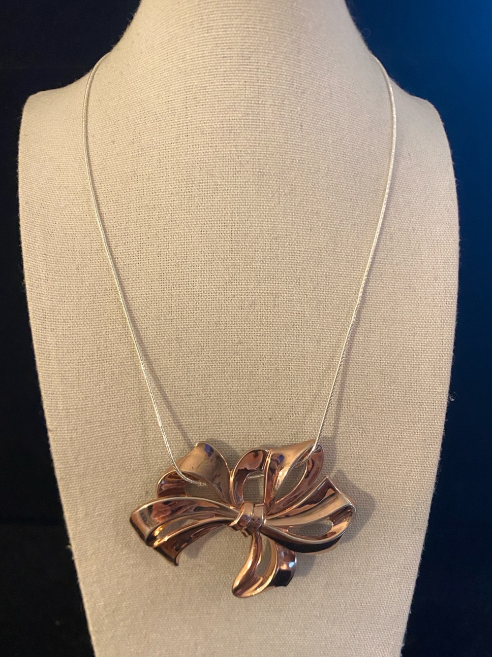 Vintage Sterling Silver Rose Gold Bow Pendant Necklace 20”